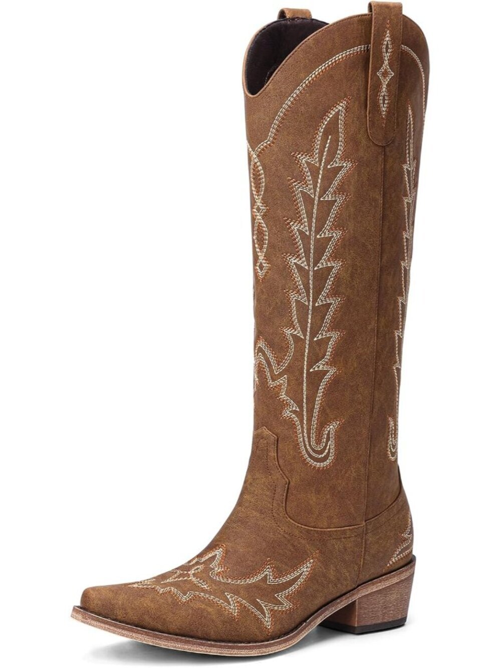 Women Brown Pull On Zipper Knee High Pointed Toe Chunky Cowgirl Boot